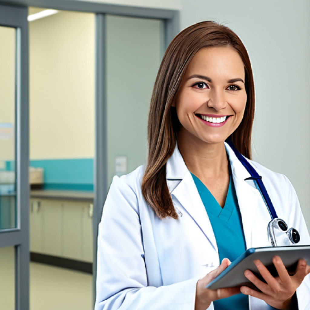 A fully clothed professional female doctor in a modest lab coat, smiling gently in a modern, clean hospital environment, holding a digital tablet, appropriate attire, safe for work, perfect anatomy, natural proportions, family-friendly, high quality, professional photography.