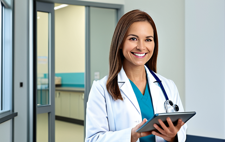 A fully clothed professional female doctor in a modest lab coat, smiling gently in a modern, clean hospital environment, holding a digital tablet, appropriate attire, safe for work, perfect anatomy, natural proportions, family-friendly, high quality, professional photography.