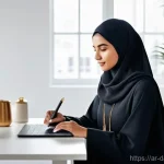 건강 데이터 주권을 위한 국제 협력 방안 - **Prompt 1: Personal Health Data Management**
    "A thoughtful young Arab woman, wearing a modest y...