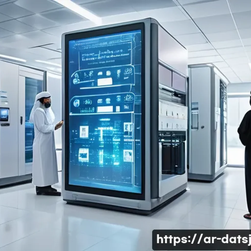 블록체인을 활용한 건강 데이터 보호 방안 - A high-tech healthcare data center in a modern Middle Eastern hospital, featuring Arabic signage and...