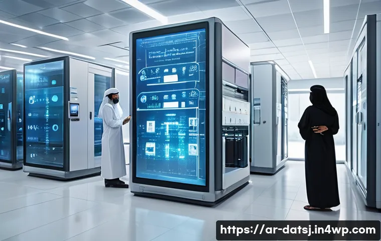 블록체인을 활용한 건강 데이터 보호 방안 - A high-tech healthcare data center in a modern Middle Eastern hospital, featuring Arabic signage and...