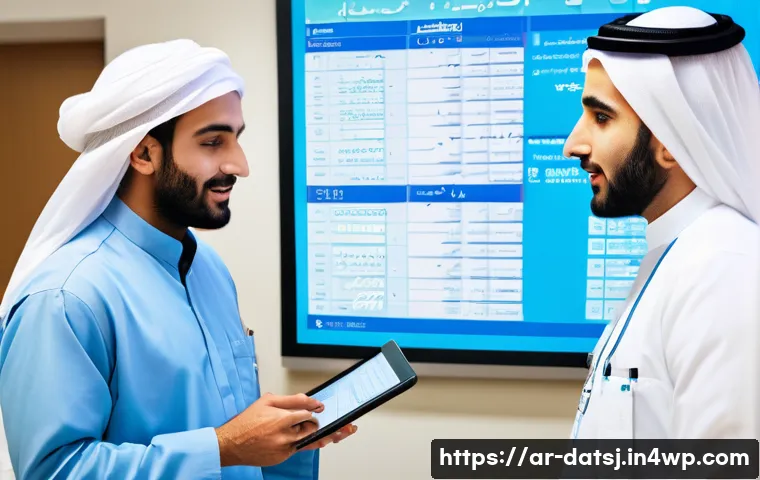 의료비 투명성과 건강 데이터 주권 - A modern hospital billing office scene in the Middle East, featuring an Arabic-speaking patient revi...