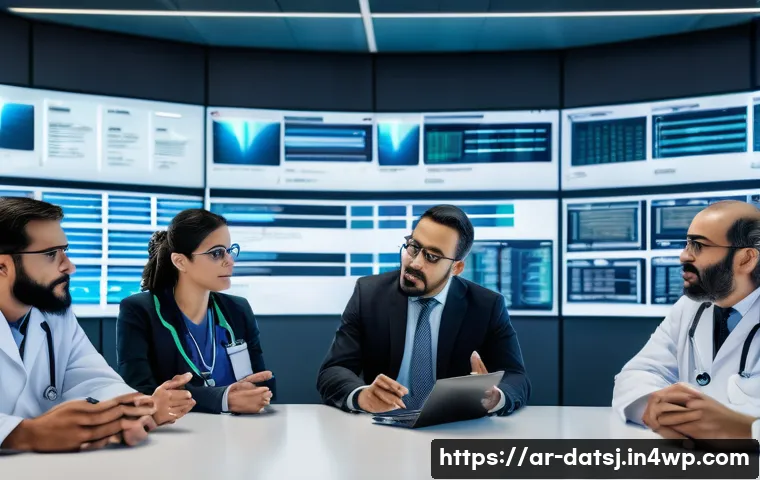 헬스케어 데이터의 소유권 다툼 사례 - A professional Middle Eastern healthcare conference scene showing diverse doctors and technology exp...