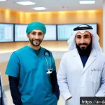 의료 데이터 저장 방식의 변화 - A modern Middle Eastern hospital scene showcasing diverse medical professionals using advanced elect...