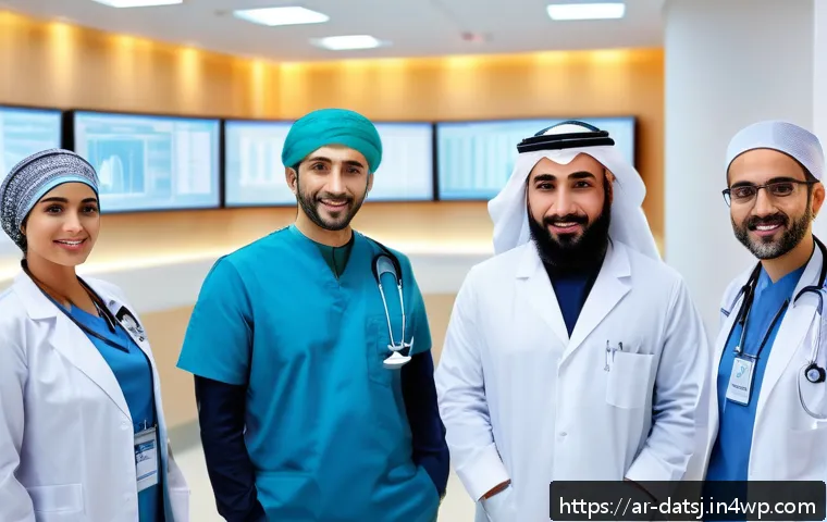 의료 데이터 저장 방식의 변화 - A modern Middle Eastern hospital scene showcasing diverse medical professionals using advanced elect...